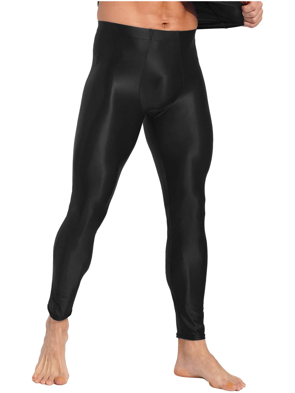 Men Elastic Waistband Skinny Shiny Yoga Tights Pants Solid Color Leggings Exercise Running Gym Fitness Training Sportswear