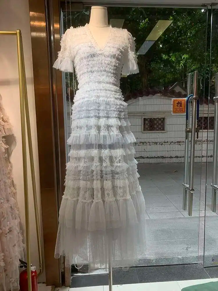 Eshin Elegant Midi Dress Short Sleeve Summer Spring New Fashion Design Women Runway Mesh Ruffles V-Neck Party High Street TH6731
