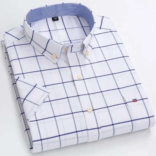 2025 100% Pure Cotton Men's Oxford Short Sleeve Square Collar Soild Plaid Striped Summer Casual Shirts Single Pocket  Shirt