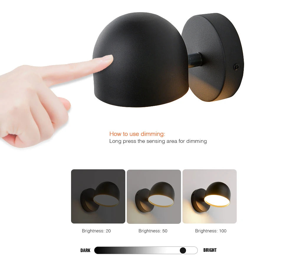 LED Indoor Wall Lamp Touch Dimming Wall Light 350° Rotatable Black White Lamp Hotel Aisle Bedroom Bedside Reading Wall Sconce