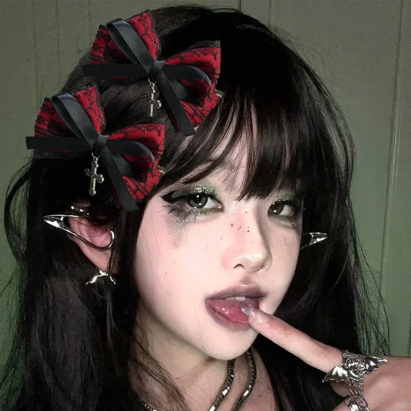 2pcs Gothic Girl's Street Exquisite Hair Accessories Fashion Bowknot Hair Clips Versatile Dressing Dark Style Bow Hair Clip 2025