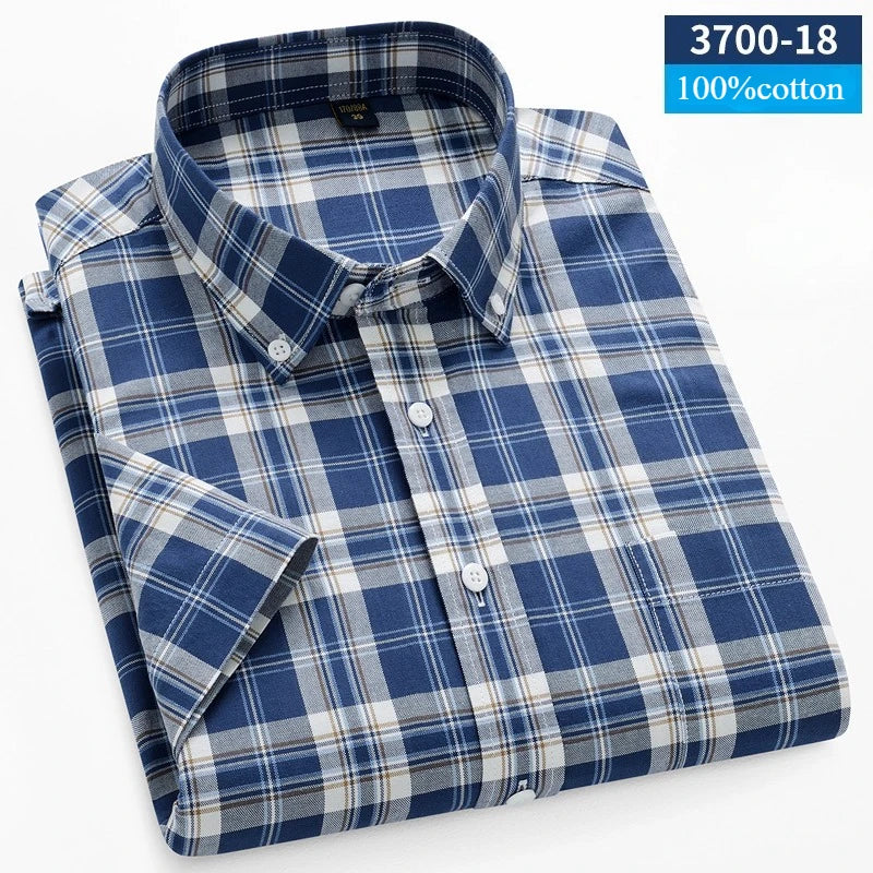 New In Shirt Summer 100%Cotton Short Sleeve Shirts for Men Slim Fit Formal Plain Shirt Designer Plaid Korean Popular Clothes