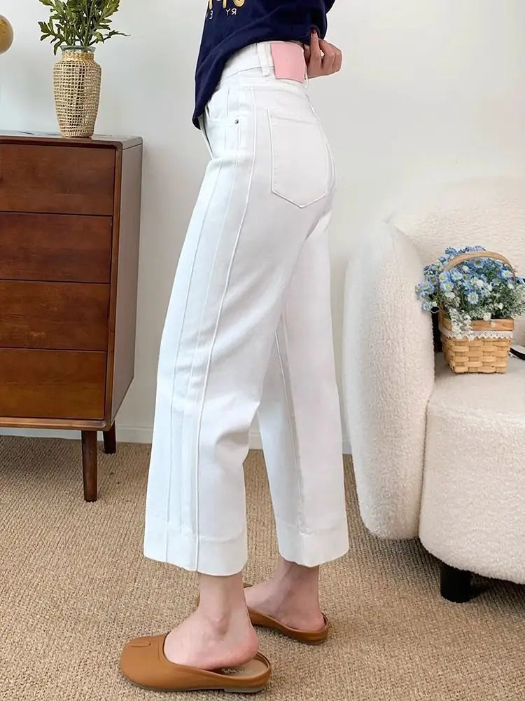 Retro Fashion Solid Color Holiday Denim Straight Pants Women's Summer Large Size High Waist Thin Wide Leg Nine-point Pants
