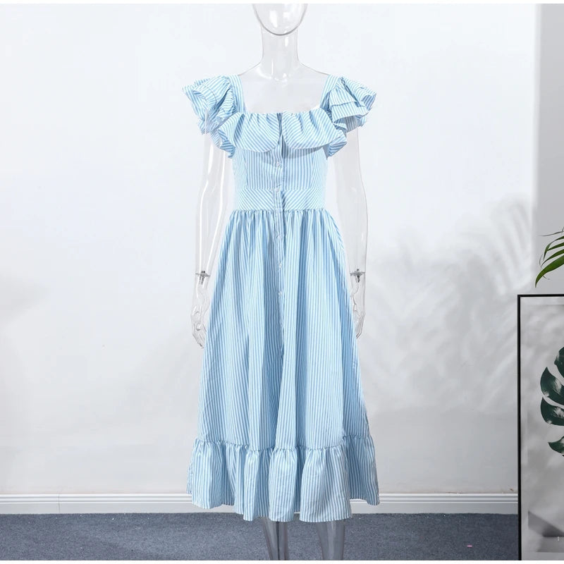 Fashionable Striped Ruffle Pleated Women's Dress Elegant Solid Square Neck Single Button Dresses Female Summer Chic Casual