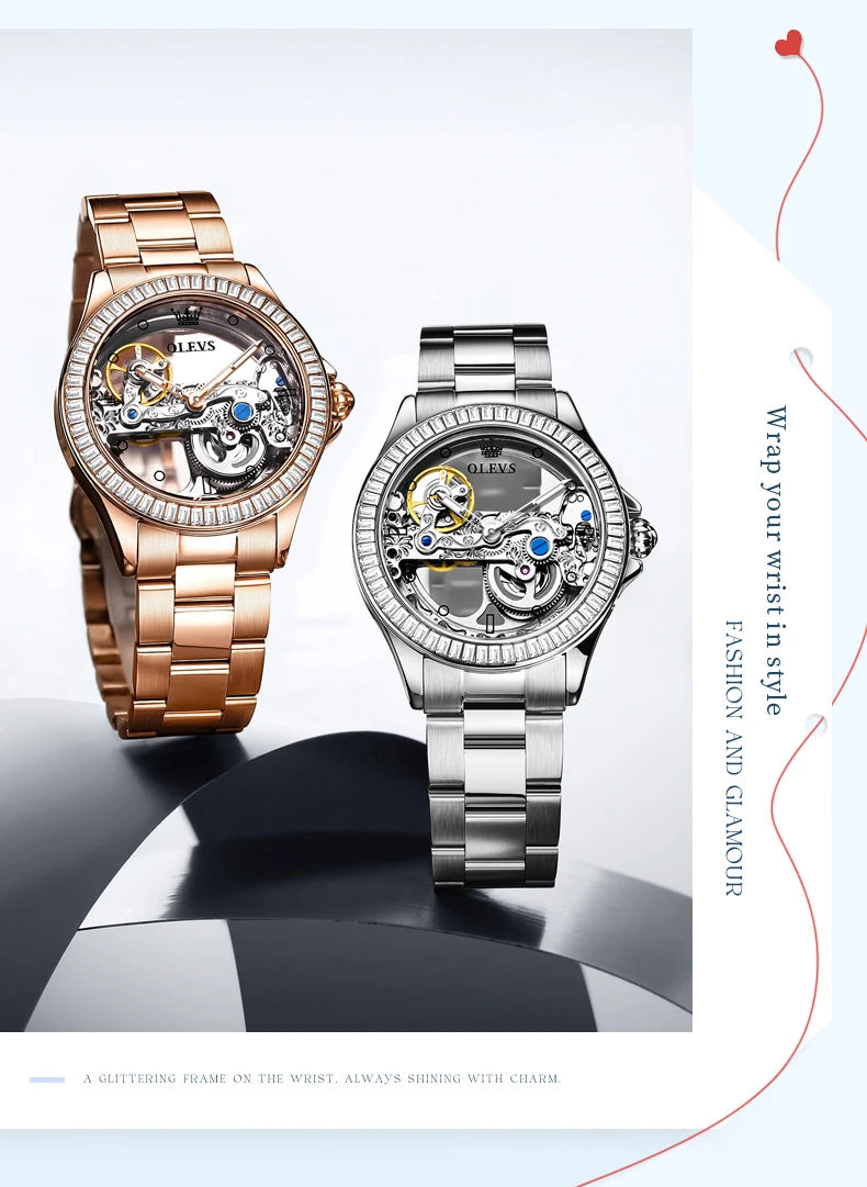OLEVS Couple Watches Original Fully Transparent Skeleton Automatic Mechanical Watches For Men Women Lover's Gift Luxury Watches
