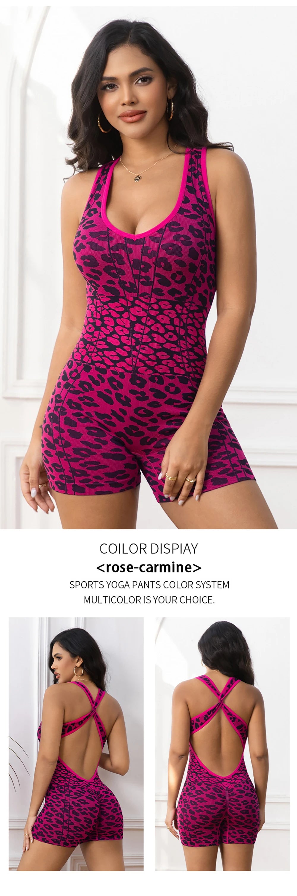Women Leopard Print Seamless Bodysuit Yoga Cross Back Jumpsuit Workout Romper High Stretch Fitness Tummy Control Onesies