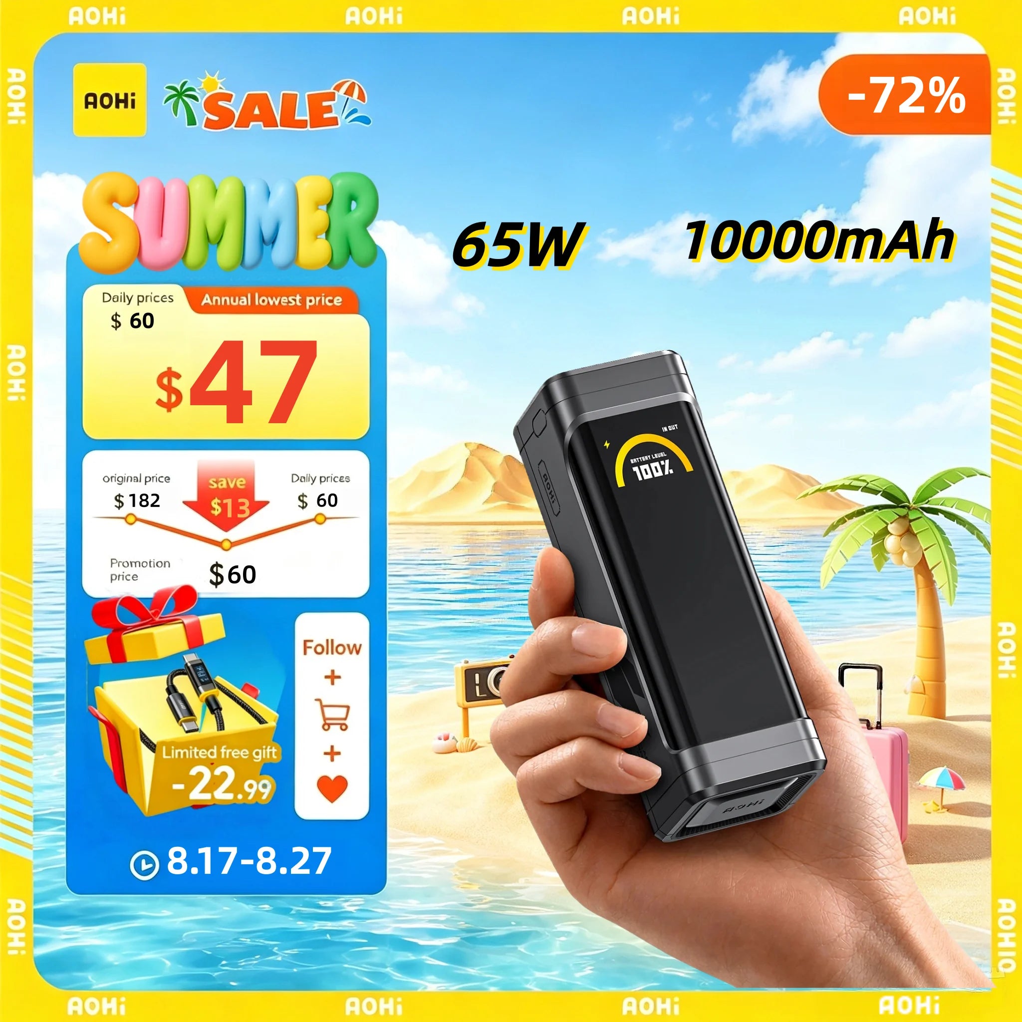 [NEW] AOHI  65W travel Power Bank The BLACK WARRIOR 10000mAh External Battery PD3.0 Quick Charging LED Display portable battery