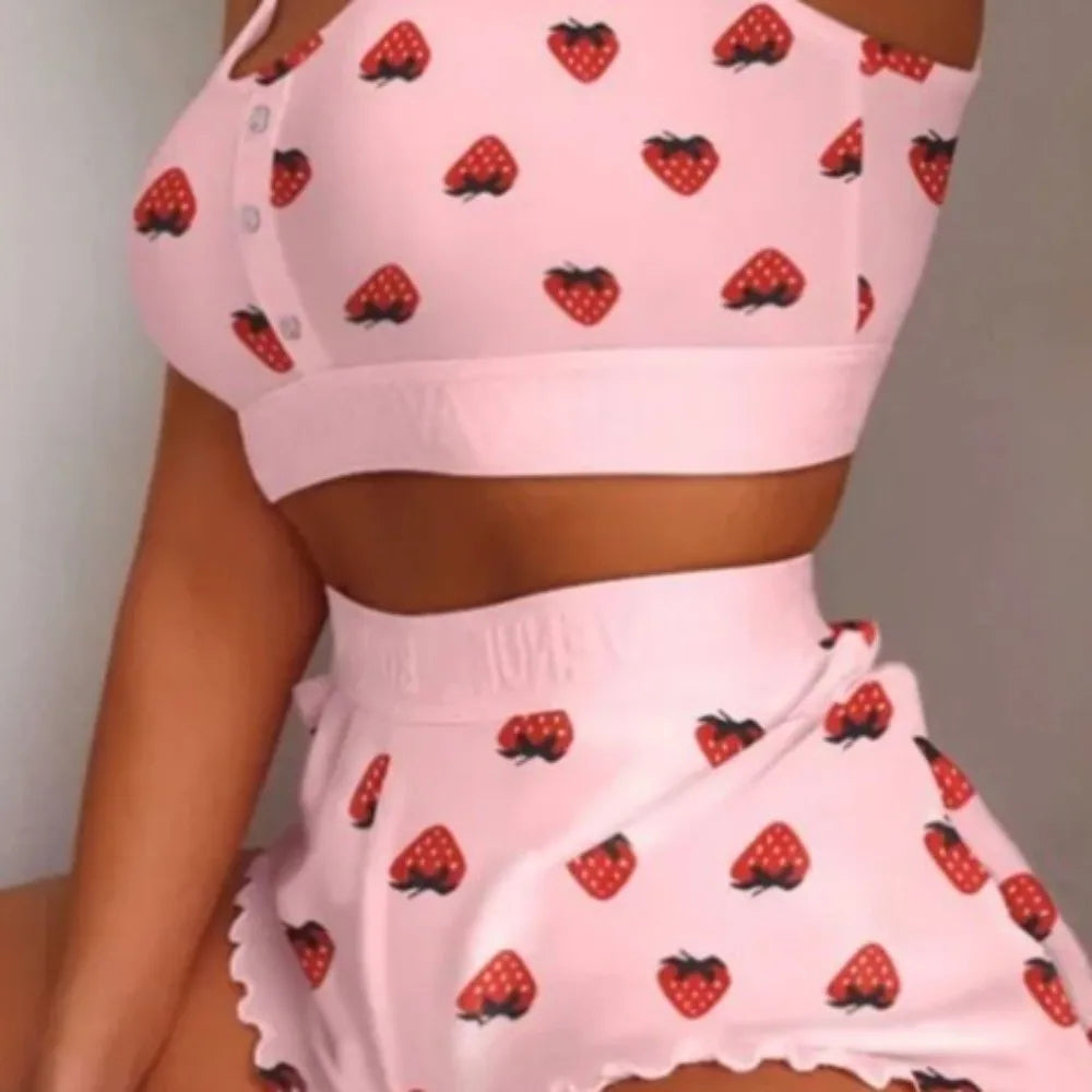 Creative Multiple Print Women Pajama Set Sleeveless Comfortable Sleepwear Set Breathable Suspender Style Pajama Shorts Set