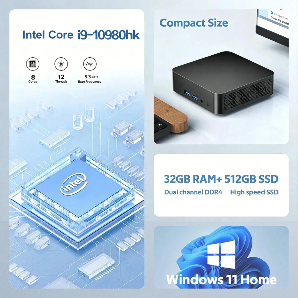 Mini PC Intel Core I9 10980HK Windows 11 Small Pocket Cmputer 16GB RAM 1/2TB SSD WIFI6 BT5.2 4K Desktop PC Gaming Computer