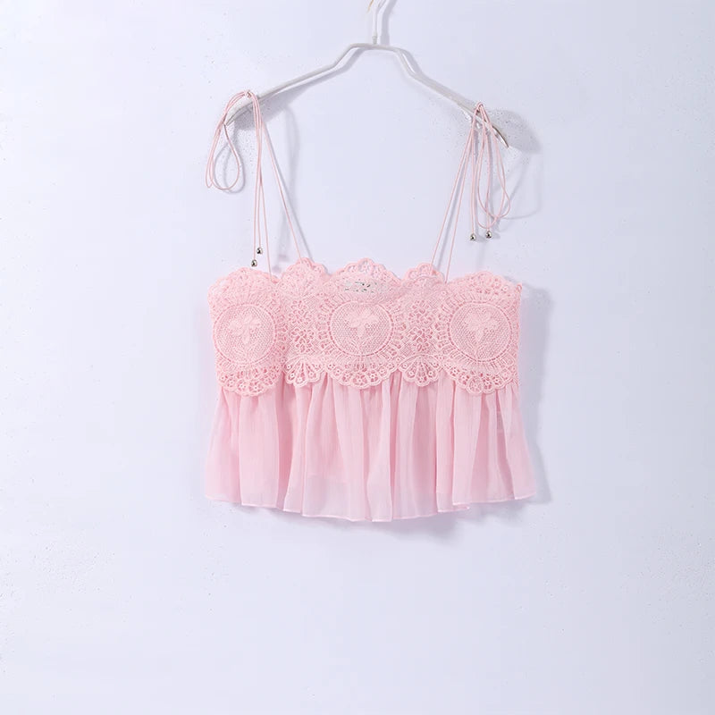 Lace Women Two Piece Set Camisole Tank Top See Through Wide Leg Jogger Pants Stylish Two Piece Outfit Lace Trim Detail  Fashion