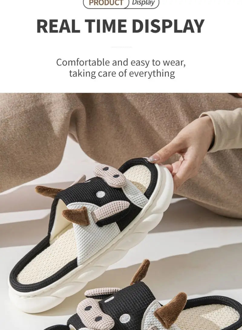 Cartoon Cute Cow House Slippers Women Platform Soft Sole Anti-slip Home Slides Woman Lightweight Warm Plush Indoor Cozy Slippers