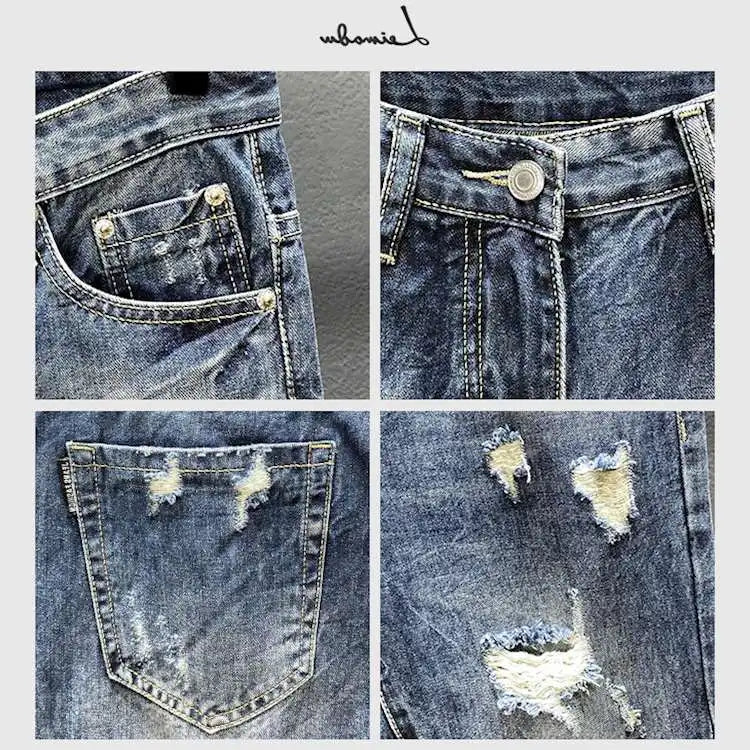 Nine-point jeans with holes for men's thin fashion brand slim feet in summer and summer Korean  style spring and autumn pants