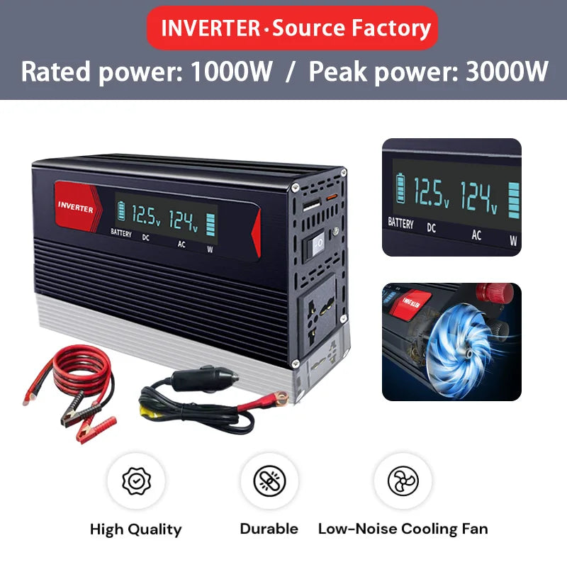 12V 24V To 220V 1000W Power Inverter LCD Display EU Socket Solar Inverter USB Type-c Fast Charging for Phone Laptops Car
