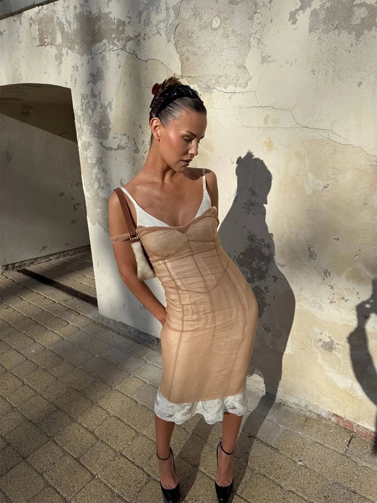 Sexy Sheer Mesh Overlay Midi Dress Women Sleeveless Waist Cinched Lace-trim Bodycon Sling Dress 2026 Lady Trendy Party Robe