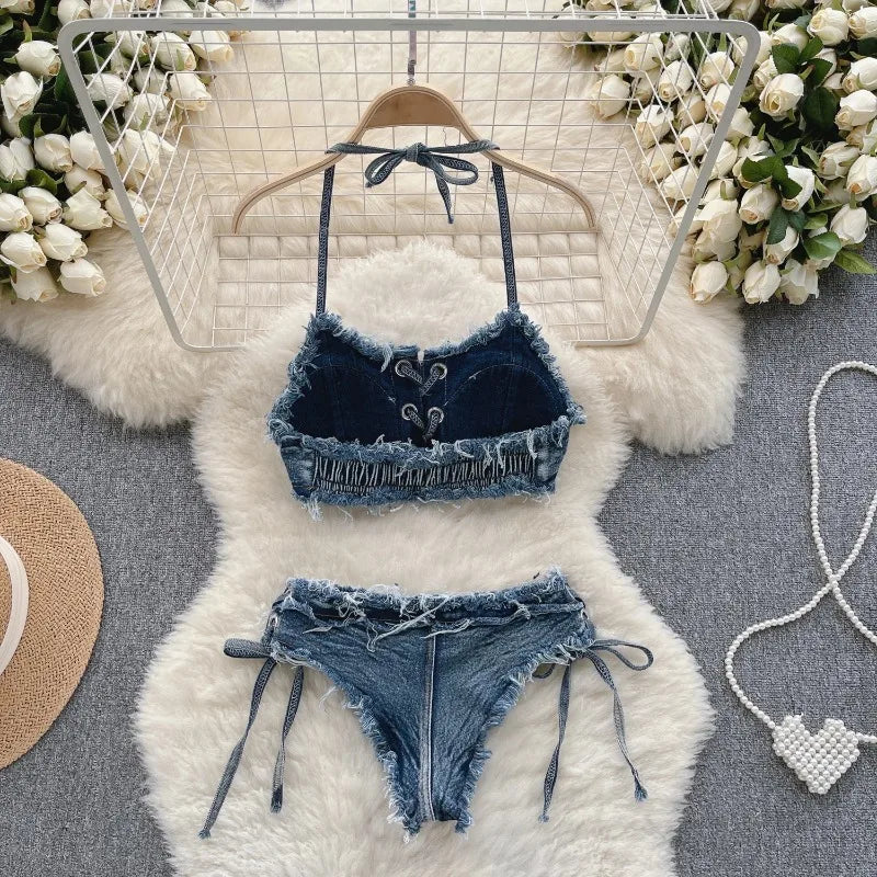 Retro Women Bikini Denim Suits Summer Halter Camis+ Mini Pant Lingerie Fashion Vacation Swimsuits Sexy Bra&Briefs Sets