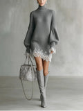 Women's Dress 2026 Spring Autumn New Solid Color Lace Patchwork Long Sleeve Loose Versatile Casual High Neck Knit Sweater Dress