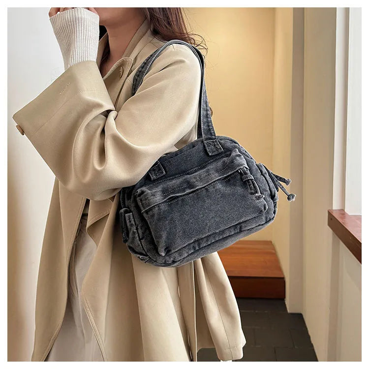 Trendy Vintage Denim Top Handle Bag Women Fashion Spring Shoulder Bag Casual Comfortable and Versatile Texture Storage Bag