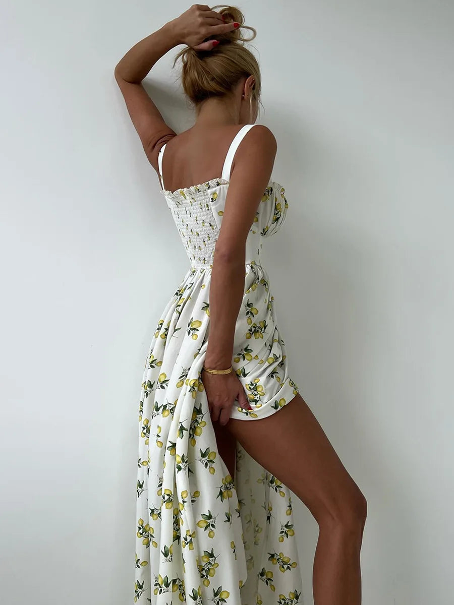 Bornladies 2025 Summer New Printing Cami Dress High Waist Slit Lemon Print Maxi Dress Vacation Long Dress For Women