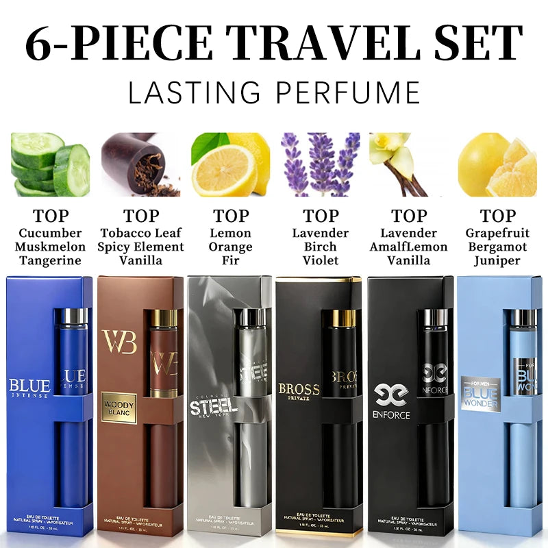 6-Piece Travel Set, Men's and Women's Eau De Toilette Spray, Long-Lasting Fragrance, 6 Different Flavors, Perfect for Holiday Gift