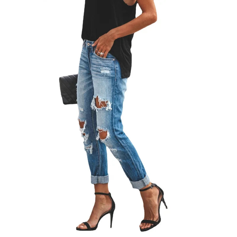 Summer 2026 Women's Casual Washed Ripped Straight Leg Jeans Street Style New Arrival
