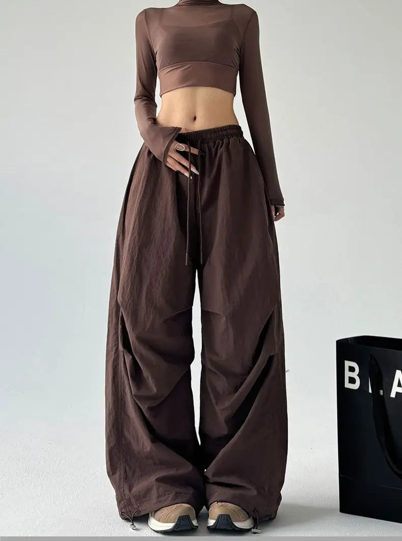 Women's Brown Parachute Pants 2026 Summer New Loose Straight Wide Leg Trousers Casual Quick Dry Cargo Pants Streetwear