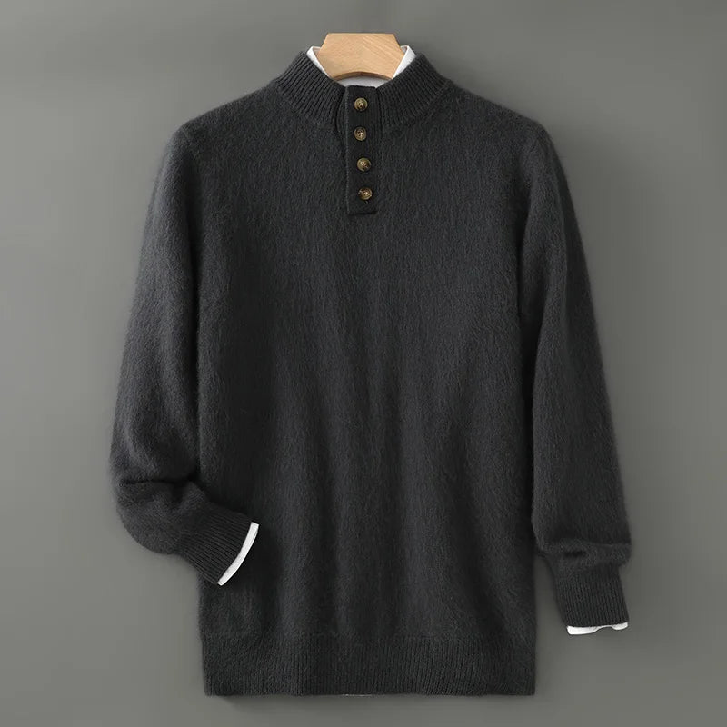 Men's Thicken 100%Pure Mink Cashmere Sweater Youth Button Semi-High Neck Loose Knit Pullovers Autumn and Winter Warm Base Shirt