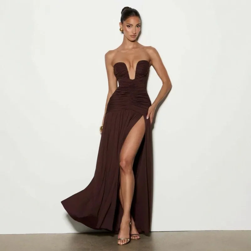 Women Elegant Deep V-neck Pleated Strapless Dress Chic Off-shoulder Backless Split Maxi Dresses 2026 Lady Evening Party Vestidos