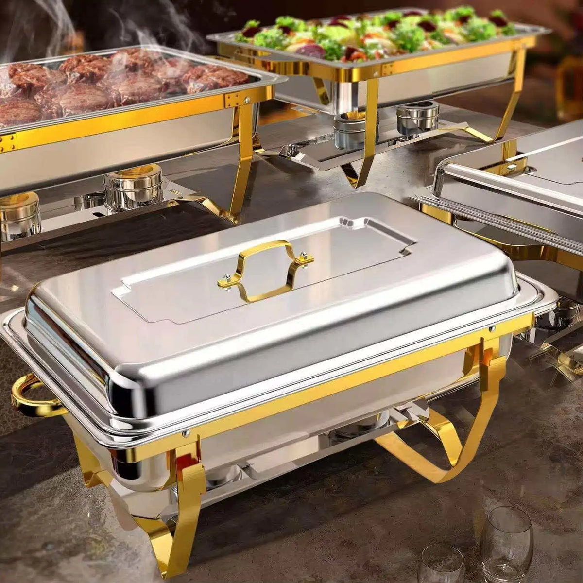 Gold Chafing Dish Gold Plated Stainless Steel Stove Economy Square Folding Flip Hotel Buffet Stove