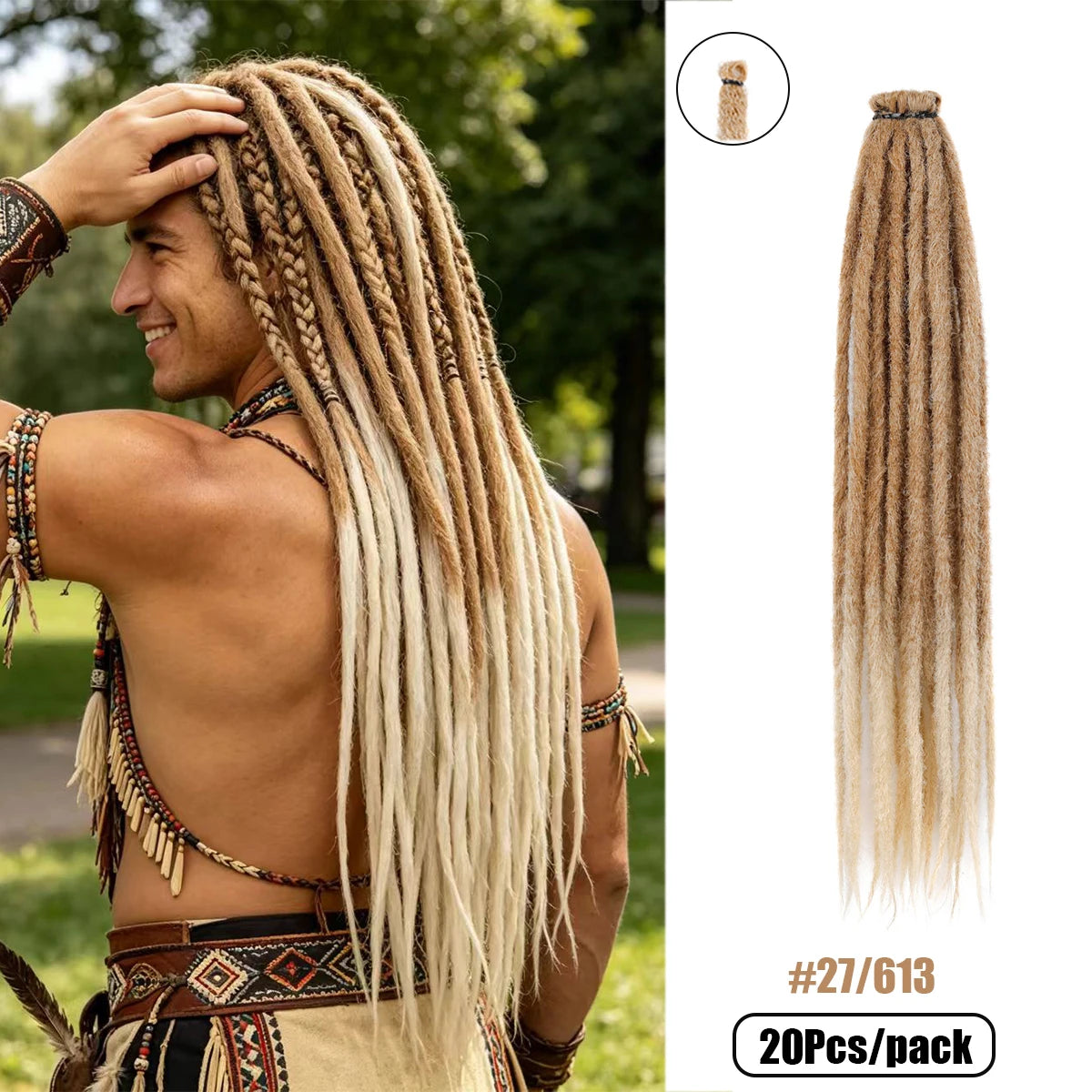 20Strands 24 Inch Synthetic Dreadlock Extensions Ombre Black 0.6cm Width Single Ended Hippie Reggae Style Crochet Hair for Men