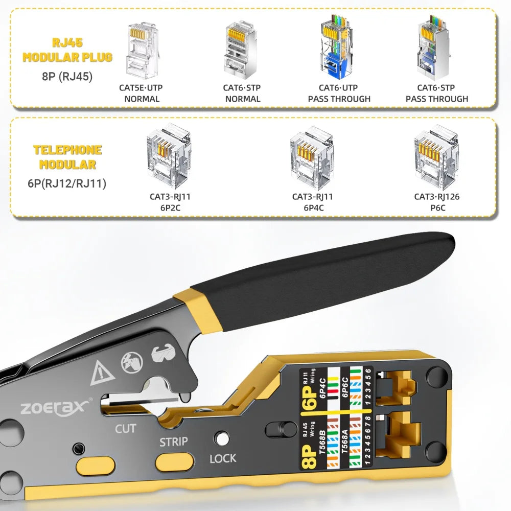 ZoeRax RJ45 Crimping Tool Pass Through Crimper for Cat6/5e/5 Ethernet Connector All-in-one Wire Tool With Replacement Blade