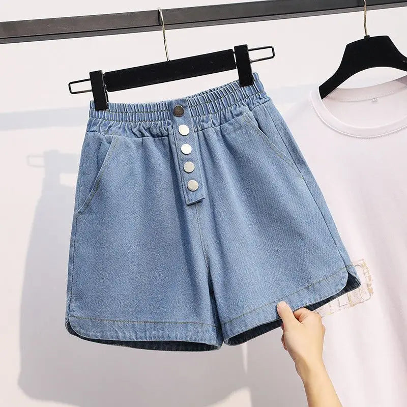 Denim Shorts for Women Korean Style Young College Girls Clothing Summer Elastic Waist Fashion Soft Loose Streetwear Chic Pockets