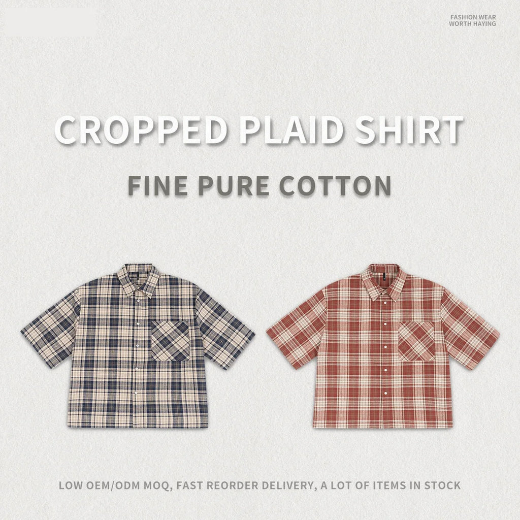 Mens 100% Cotton Short Sleeve Cropped Plaid Shirt for Summer Boxy Fit Button Up Custom Flannel Fashion Street Clothes Unisex