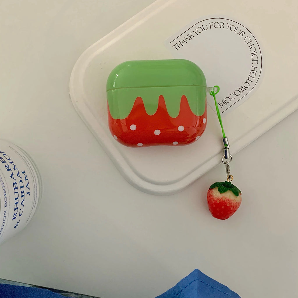 Cute Lovely White Polka Point Red Strawberry Glossy Earphones Cover Case for AirPods 1 2 3 4 5 Pro 2 Pro 3 with Charm Pendant