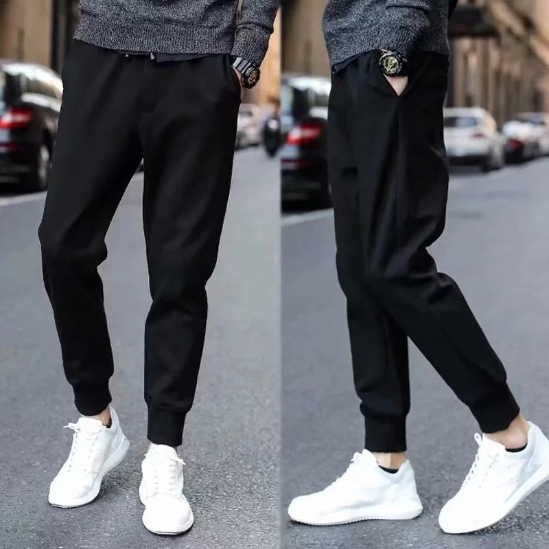 Men's Casual Straight Leg Drawstring Sweatpants Versatile Leisure Long Trousers Student Sports Pants Polyester Fiber Elastic