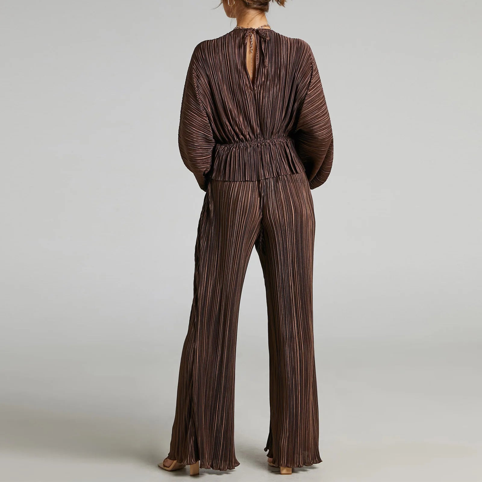 Women's Two Piece Set Deep V Neck Pleated Tops with Wide Leg Pants Stretchy Sexy Casual Outfit