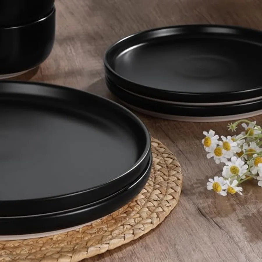 Stoneware Dinnerware Sets, 12-Piece Plates and Bowls Set for 4, Dishes Set for Home Restaurant, Frosting Black