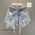 American heavy industry full rhinestone denim shorts women's summer new high waist fashion slim beaded tassels ripped jeans.