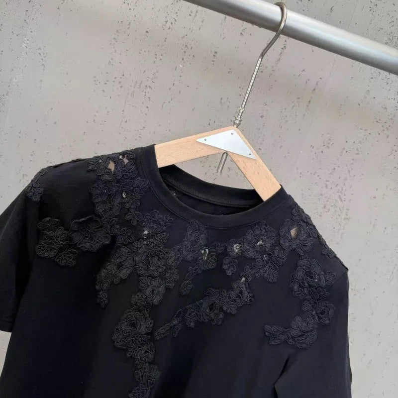 New 2026 Summer Women Casual T Shirts Short Sleeve Spliced Lace Embroidery Solid Color Ladies Fashion O Neck Pullover Tees Tops