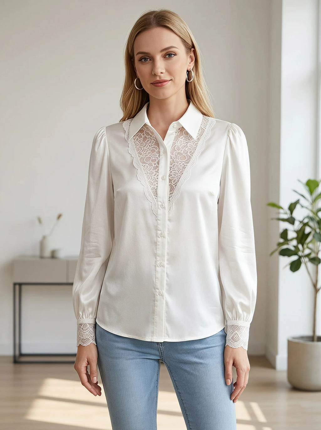 Gadinus Plus Size Women’s Satin Lace Trim Button-Up Blouse Elegant Long Sleeve Puff Cuff Shirt Regular Fit Office Chic Top