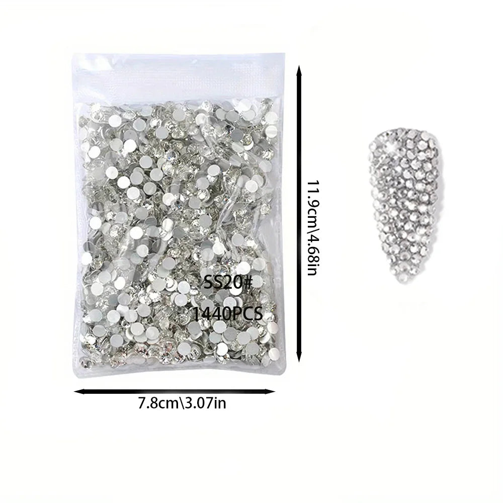 1440pcs Nail Clear/AB Glass Strass FlatBack Crystal Rhinestone (SS3-SS30)3D Nail Gem Stones Non-HotFix Nail Rhinestone