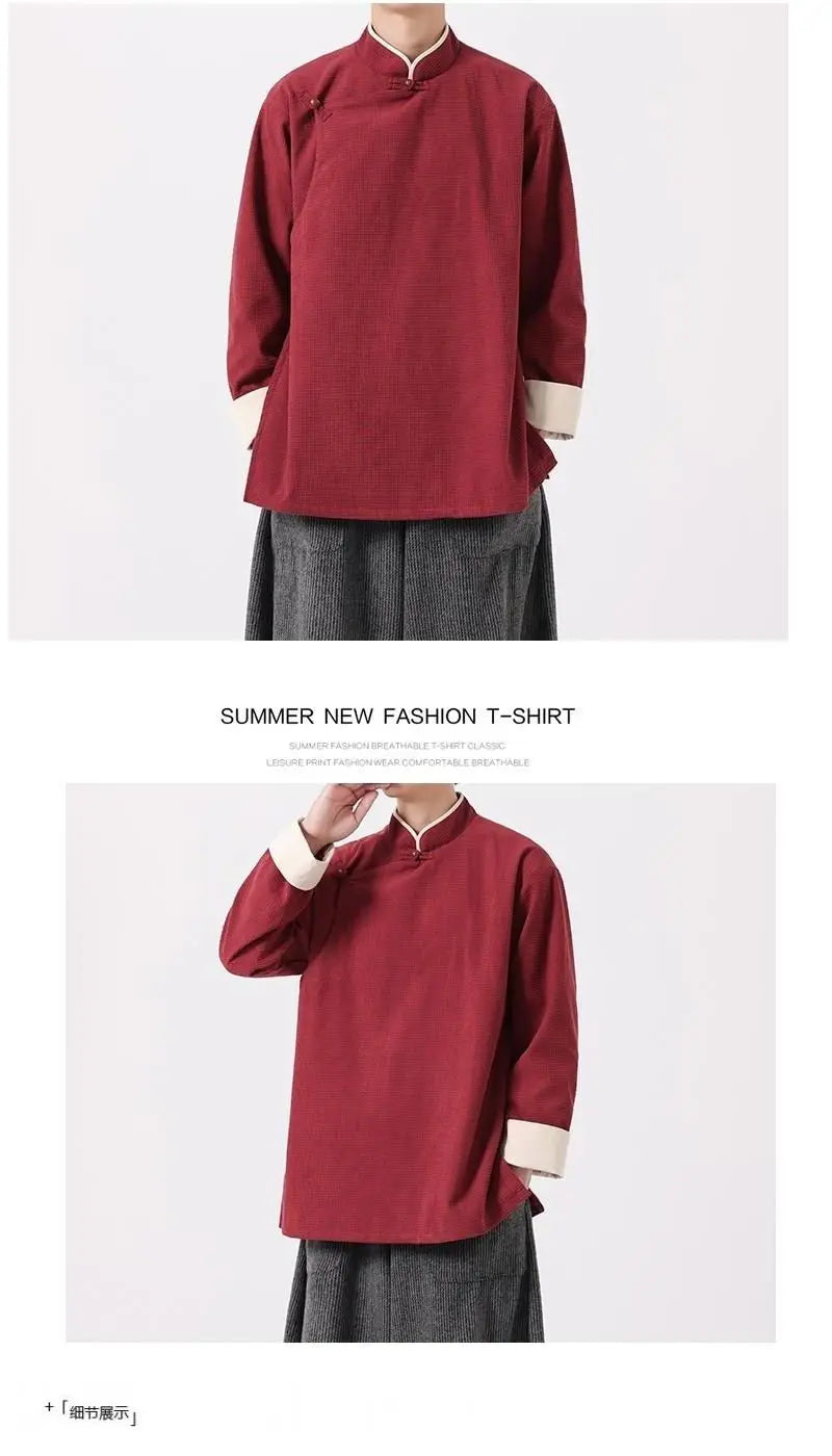 Autumn Winter Chinese Style Blouse Long-sleeved Jacket Men's Chinese Tang Suit Hanfu Lay Buddhist Zen Suit Tea Suit Slanted Top