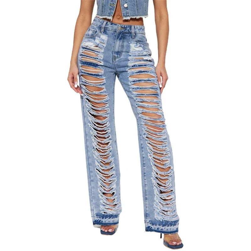 Fashion Ripped Jeans Summer Clothes Women 2024 High Waist Broken Holes Denim Trousers Streetwear Cutout Straight Leg Jean Pants