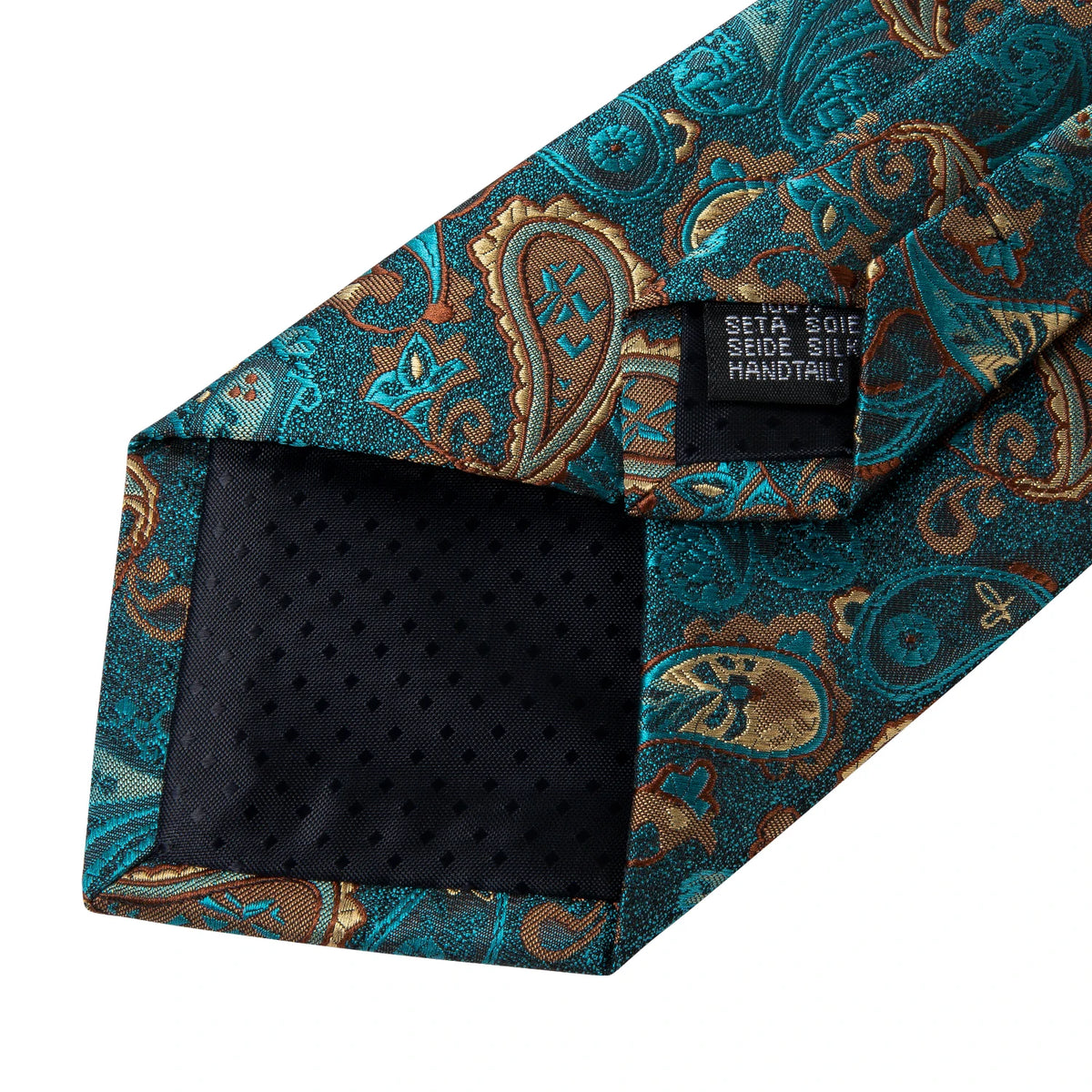 8cm Men's Polyester Ties Pocket Square Cufflinks Green Gold Paisley Wedding Party Accessories Necktie Gift