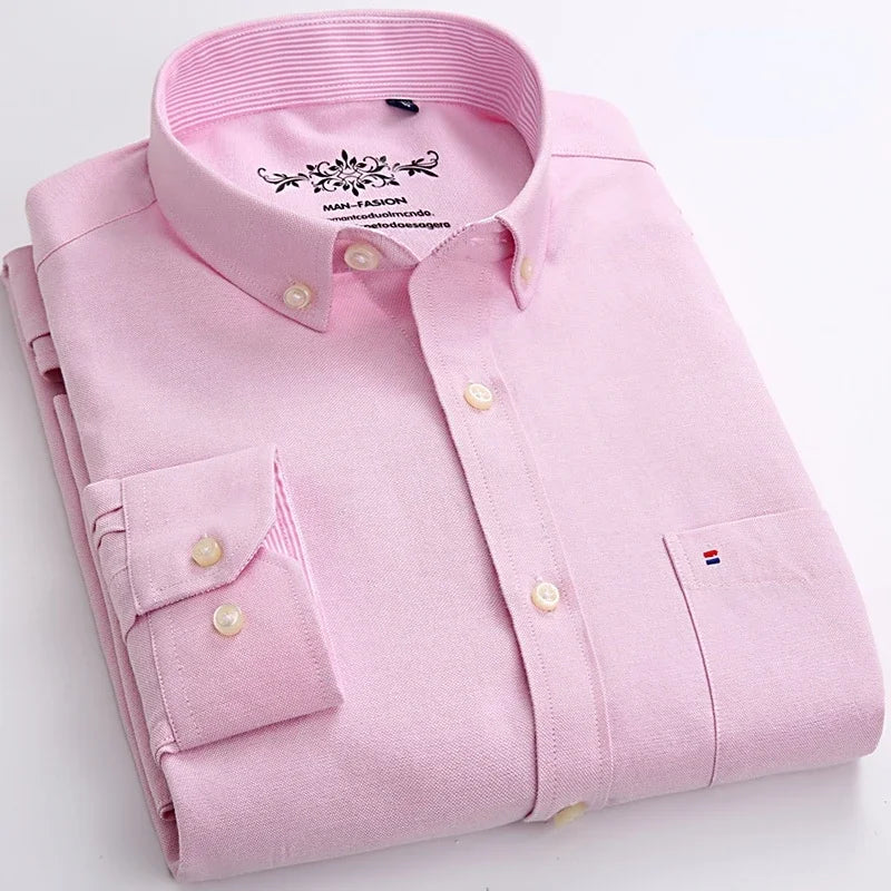 Men's 100% Cotton Smart Casual Shirt Long Sleeve Plaid Oxford Casual Solid Color Print Regular Fit Dress Shirt Oversized  6XL