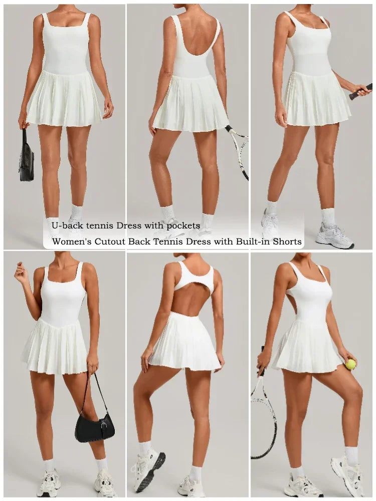 VITALINOVO Workout Tennis Dress with Built in Shorts Square Neck Padded Workout Dress with Pockets Golf Athletic Mini Dresses