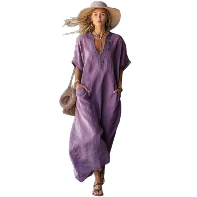 2026 New Summer Women's Dress Solid Color V-neck Bohemian Style Retro Fashionable And Comfortable Elegant Pocket Simple Vestidos