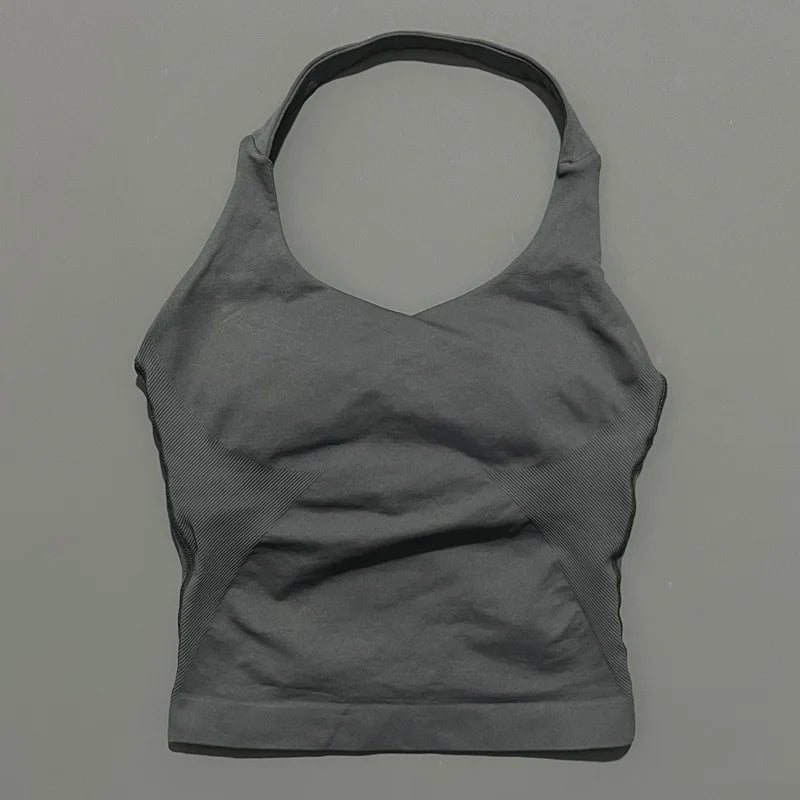 HISTELLO Sports Halter Top Seamless Longline Strappy Gym Tank Top Women Yoga Clothing Workout Fitness Sportswear Pilates Vest