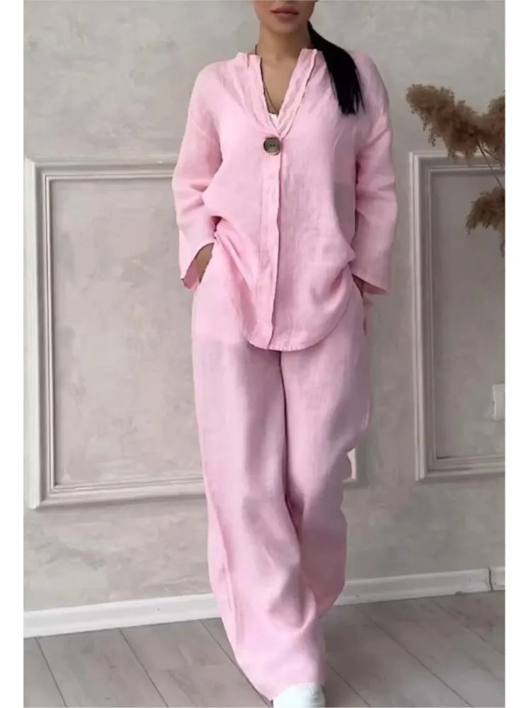 Fashion O Neck Long Sleeve Cotton Linen Shirt Suit Women Spring Autumn Casual Solid Color Pocket Pants Female Office 2 Piece Set
