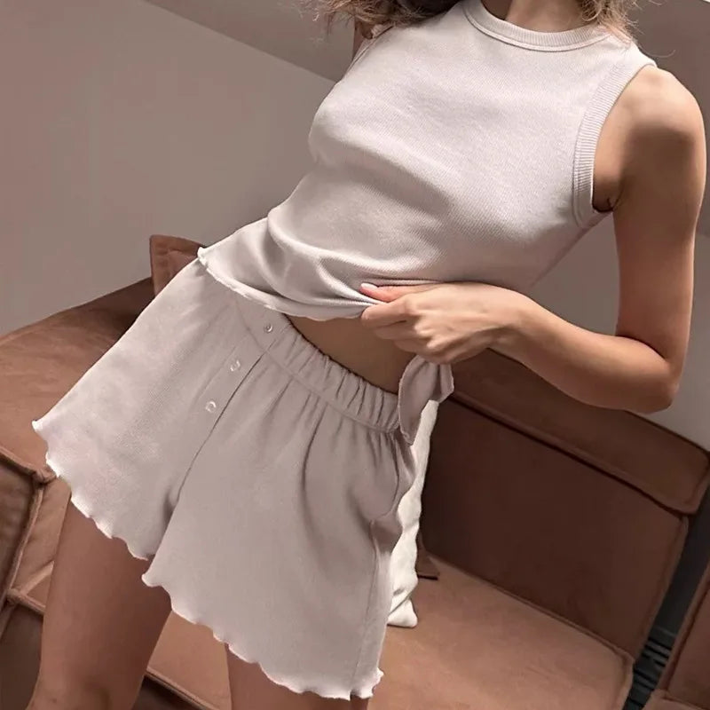 Casual Solid Ribbed Knit Lounge Set Womens Sleeveless Tank Top and Lettuce Hem Shorts Two Piece Summer Pajama Outfit Homewear