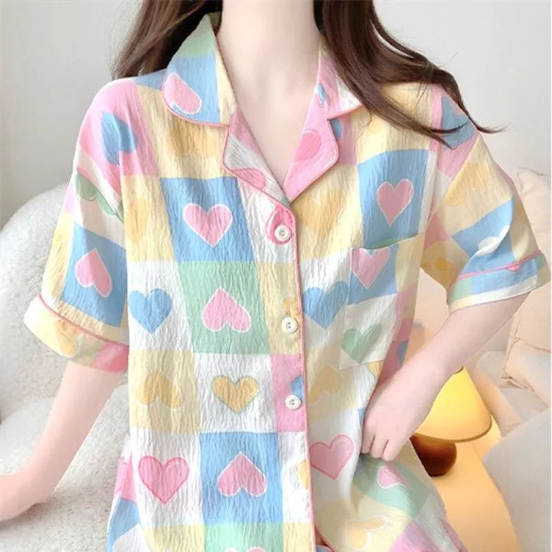 Women's Summer Sweet Cute Multi Heart Pajama Sets Lady Loose Short Sleeve Pants Sleep Two Piece Suits New Homewear Outfits 2025